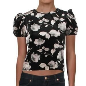 Aqua Velvet Floral Crop Top Black Size M Puff Sleeve Cottage Fairy Coquette